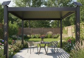 Pergola bioclimatique en aluminium avec poteaux lumineux Habrita