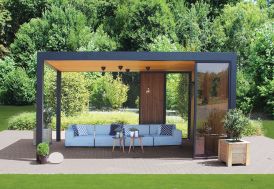 Pergola en aluminium avec parois et toiture en bois thermowood 14 m²