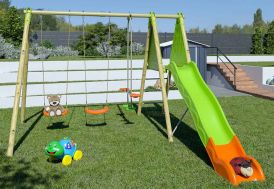 Portique double avec balançoire face à face et toboggan