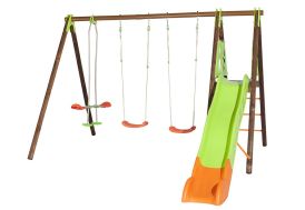 Portique Balançoires + Toboggan Bois et Métal Akeo