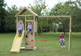 Aire de jeux en bois avec  portique 2 balançoires et toboggan en plastique