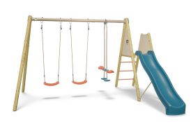 Portique balançoire toboggan en bois et métal pour enfant Romy 2 Trigano