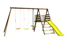 Portique en bois traité autoclave avec balançoires et toboggan 