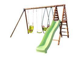 Portique pour 5 enfants avec toboggan, balançoire, siège bébé et balancelle