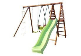 Portique en bois toboggan et 2 agrès 3-12 ans + 1 siège bébé – Tulipe -  Soulet