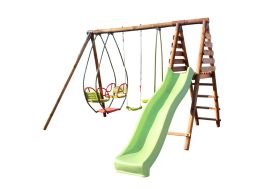 Portique pour 5 enfants avec balançoire, face-à-face, balancelle et toboggan