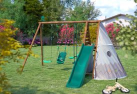 Portique toboggan en bois Soulet avec siège bébé, tipi et balançoires Camélia