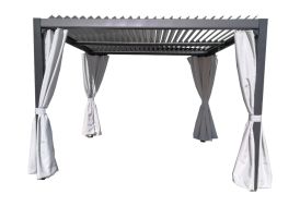 rideaux en polyester gris perle sur une pergola bioclimatique