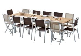 Salon de Jardin Bali : Table Extensible en Alu et Teck + 8 Fts + 4 Chs