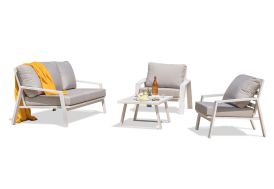 Salon de jardin en aluminium blanc avec table basse, fauteuils et canapé