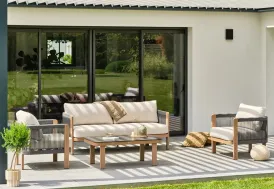 Salon de jardin 5 places en aluminium effet bois