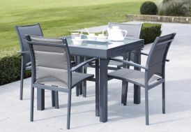 Salon de Jardin Modulo : Table Extensible + 4 Fauteuils Gris