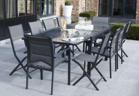 Salon de Jardin Modulo : Table Extensible + 4 Fauteuils + 4 chaises Gris