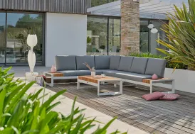 Salon de jardin d'angle 6 places aluminium blanc et teck Valancia DCB