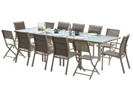 Salon de jardin en aluminium avec table en verre extensible 12 personnes