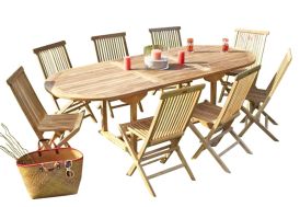 Salon de jardin avec table ovale 240 cm et 8 chaises en teck brut