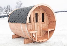 sauna d'extérieur en bois forme de tonneau