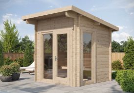 Sauna d’extérieur en bois brut Cube Panorama
