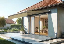 Store banne motorisé monobloc avec lambrequin écru 3 x 2 m
