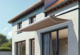 Store banne motorisé coffre intégral blanc 3 x 2 m toile taupe