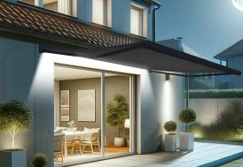 Store banne motorisé coffre intégral toile grise 5 x 3,5 m éclairage LED