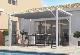 Pergola autoportante en aluminium blanc avec toile en polyester gris