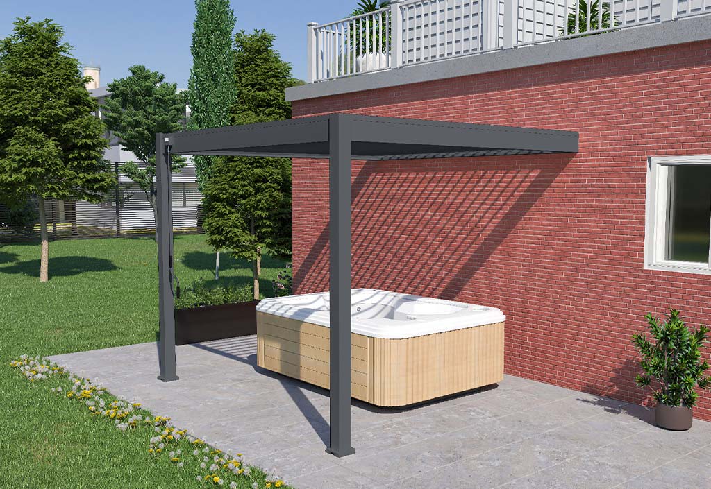 Pergola bioclimatique adossée en aluminium lames orientables Ombréa 9 m²