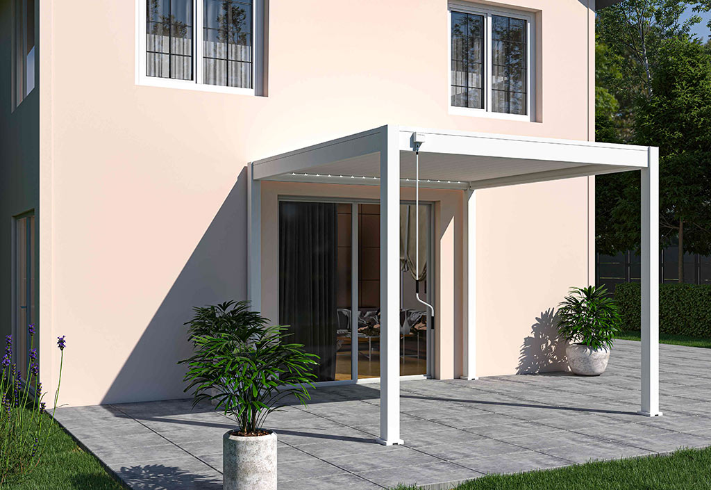 Pergola bioclimatique autoportée Ombréa en aluminium blanc – 3 x 3 m