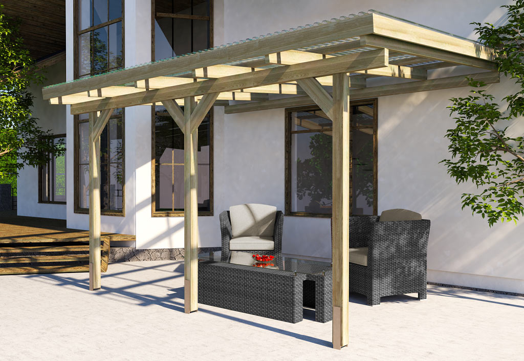 Pergola bois adossée couverte 4x3 toiture PVC - 424 x 306 cm