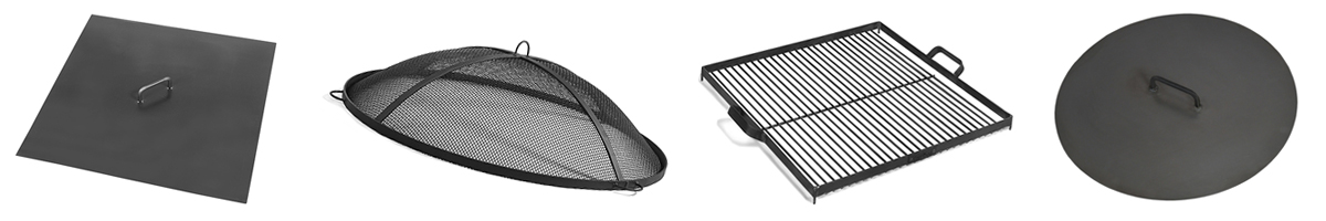 Accessoires braseros : couvercle, pare-étincelle, grille de cuisson.