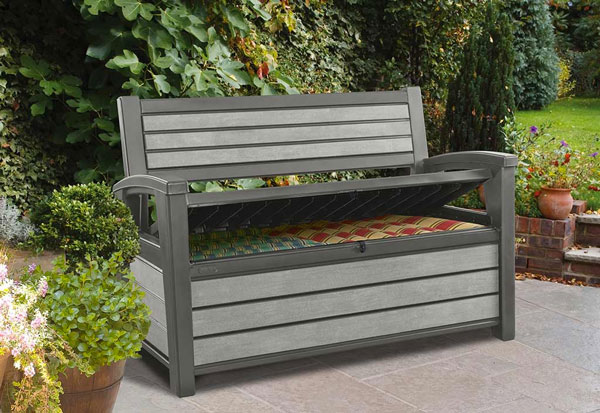 Banc de jardin en résine, coffre de rangement.