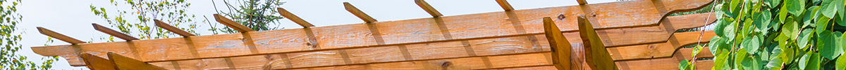 Pergola en bois dans un jardin.