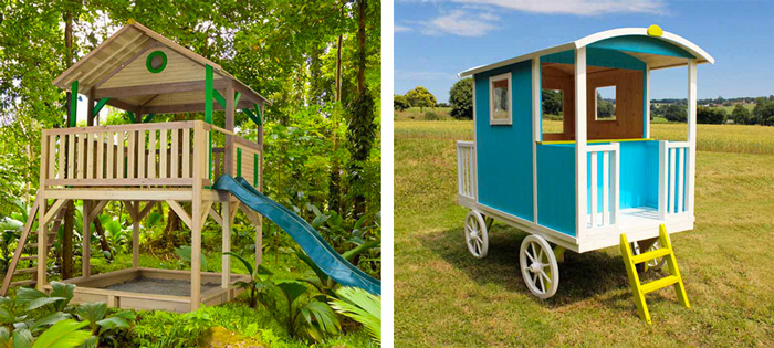 Maison d'enfants, cabane en bois et roulotte.