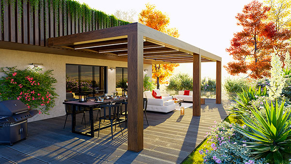 Pergola en bois adossée avec salon de jardin